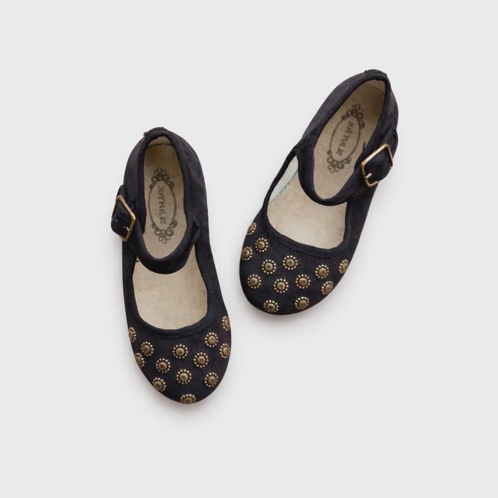 NWOT. Girls Y1. Joyfolie “Hazel” Black Mary Jane Flats with bronze details Stud